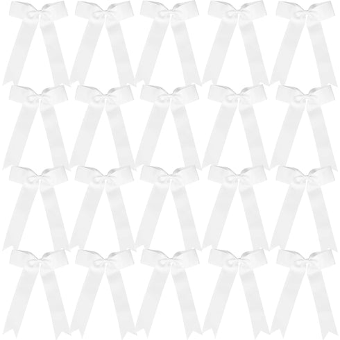 Hipcheer 20pcs Collegiate Style Cheer Bows for Girls, Handmade Long Tail Skinny Ponytail Holder for Sports (White)