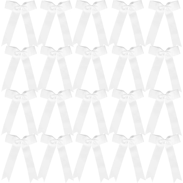 Hipcheer 20pcs Collegiate Style Cheer Bows for Girls, Handmade Long Tail Skinny Ponytail Holder for Sports (White)