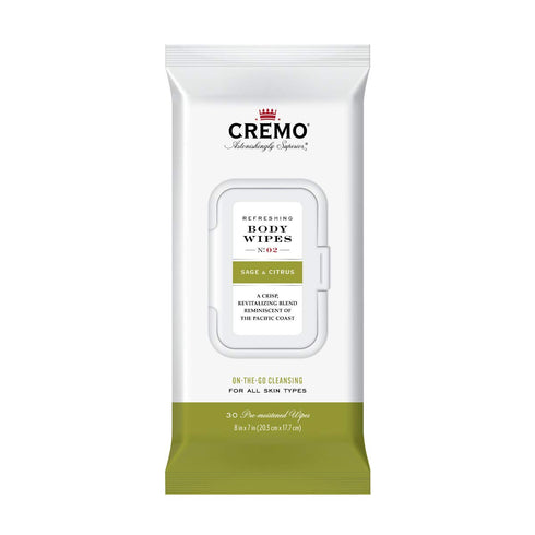 Cremo Refreshing Sage & Citrus Body Wipes – Revitalizing Combination of Bright Mandarin, 60 Count