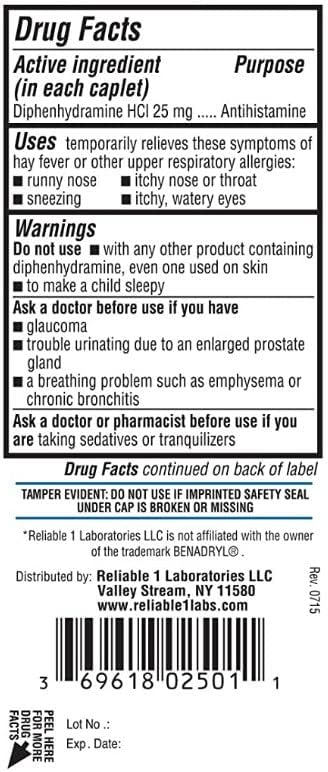 Diphenhydramine 25 mg Generic Allergy Medicine, Antihistamine - 100 Capsules per Bottle, Pack of 2