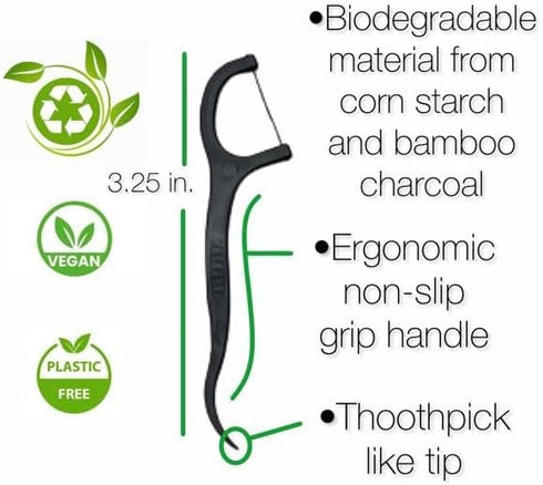 Sofi's Cute Corner Bamboo Toothbrushes, Soft Charcoal Bristles 4 Pcs, Eco Friendly Dental Floss Pick, Charcoal Thread