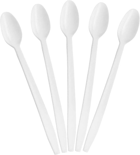Large White Plastic Spoons, 8" Long Handled Disposable Dessert Spoon, 50PK