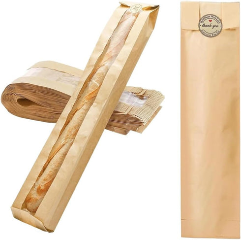 Honkenda 50 Pack Packaging (23.2x4.3 inch) Baguette Kraft Paper Bread Bags with Clear Front Window and Seal stickers