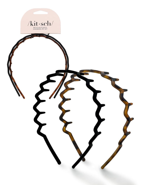 Kitsch Zig Zag Headbands, Recycled Plastic Hair Band for Men & Women, Classic 90s Hair Accessories (2pc)