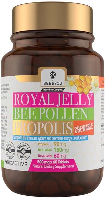 BEE and You Royal Jelly + Propolis + Bee Pollen Chewable Tablets, High Potency, 500 mg x 60 Tablets, No Artificial
