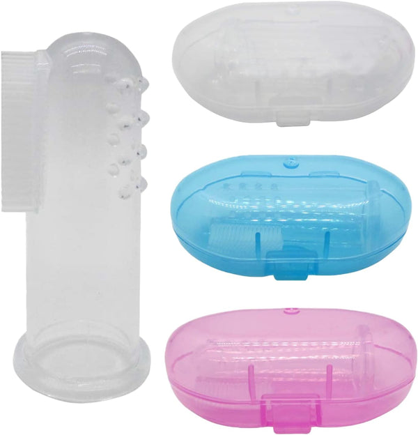 Baby Finger Toothbrush (Set of 3) - Silicone Baby Toothbrush with 3 Cases in Blue, Pink & Clear
