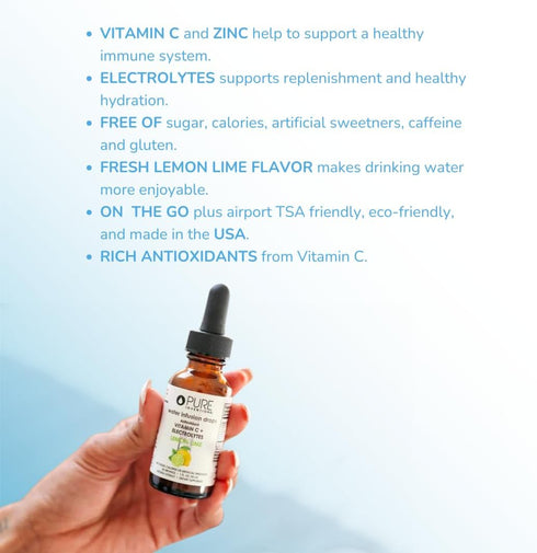 Pure Inventions Antioxidant Vitamin C + Electrolytes - Lemon Lime Flavored Water Infusion Drops - No Sugar, Calories,