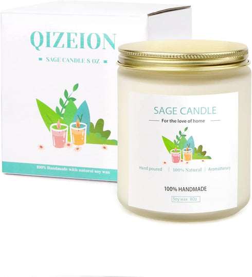 Qizeion 8Oz 45 Sage Candle for Cleansing House, Hrs Soy Wax Sage Scented Candles for Home Scented Candle, for House