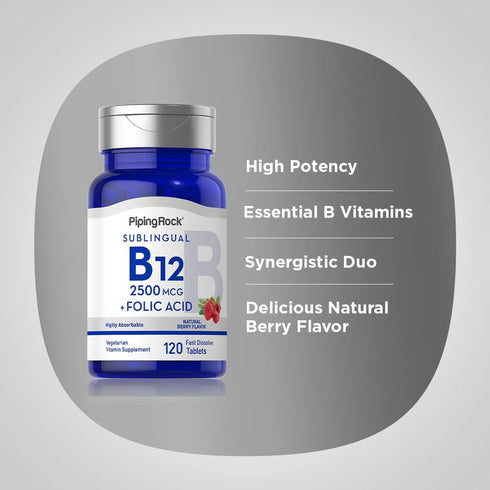 Piping Rock Vitamin B12 Sublingual, 2500 mcg, 120 Tablets, Berry Flavor, with Folic Acid, Vegetarian, Non-GMO, Gluten