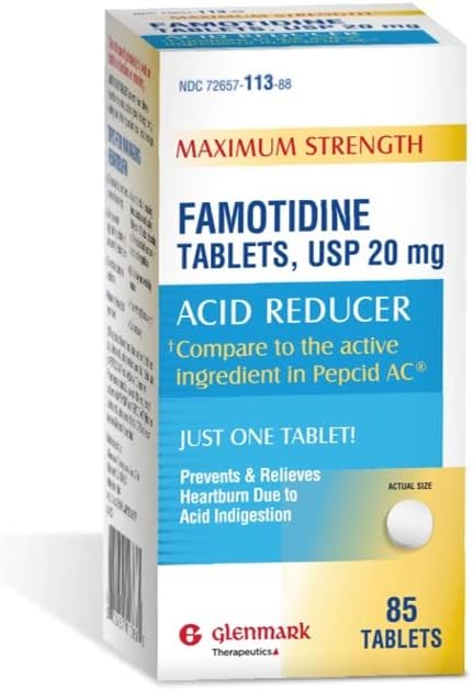 Glenmark Maximum Strength Famotidine Tablets - 20 mg, Acid Reducer for Heartburn Relief, 85 Count