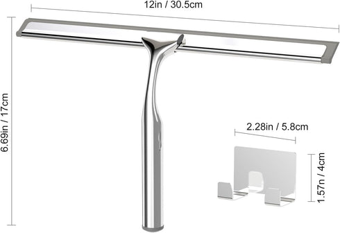 Shower Squeegee for Glass Doors - 12-Inch Wide Blade with Hook, Stainless Steel for Efficient Cleaning