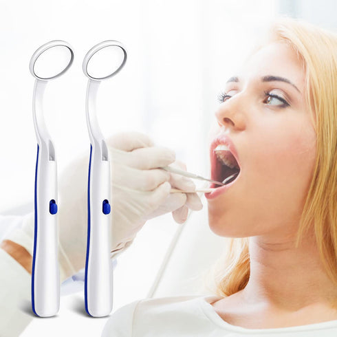 2 Pcs Dental Mirror with LED Light Tool, Anti Fog Curve Angle Dentist Oral Care Tool (Dark Blue)