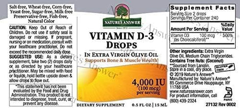 Nature's Answer Vitamin D-3 Drops | Blended with Extra Virgin Gold Olive Oil | Quickly Absorbed into Body | No Fillers, No Soy, Yeast Sugar, Milk or Preservatives 0.5oz
