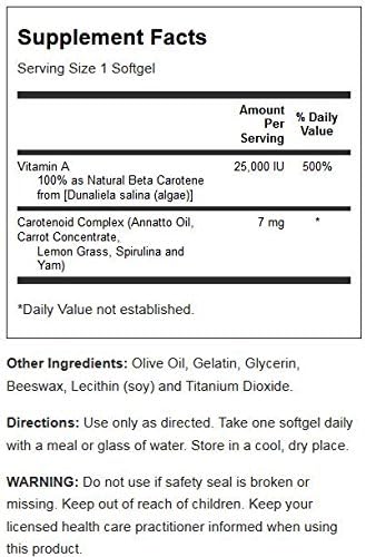 SOLARAY Food Carotene, Vitamin A as Beta Carotene 25000IU for Healthy Skin & Eyes, Immune System Support, 100 CT