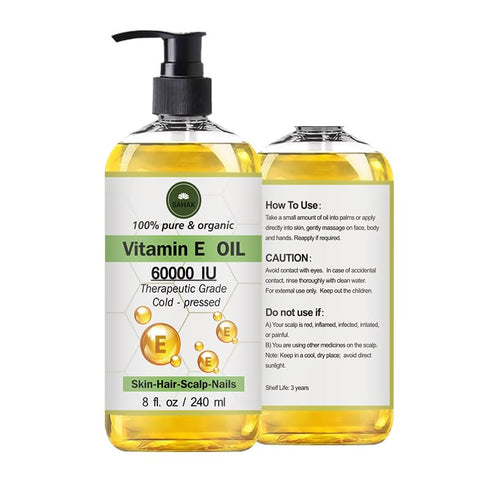 SAHAK Natural Vitamin E Oil, 100% Pure, Cold-Pressed, 60000 IU, Organic for Hair, Scalp, Skin, 240 ml (8 oz)