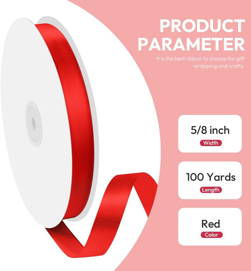 5/8" x 100 Yards Satin Ribbon - Red Silk Ribbon with Spool for Gift Wrapping, Crafts, Wedding Decorations
