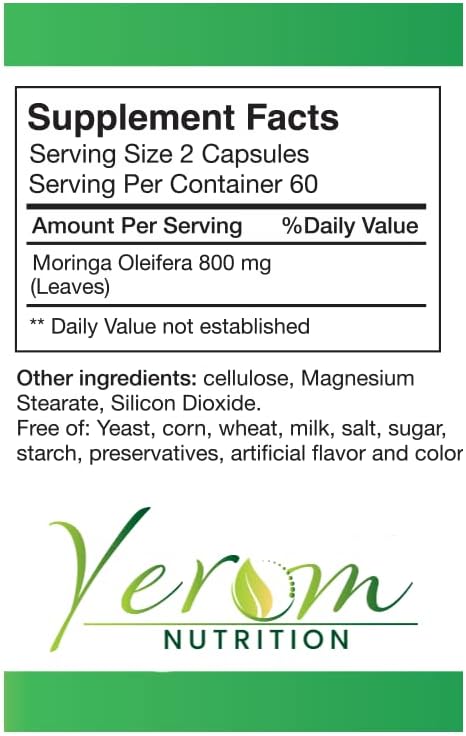 Pure Moringa Capsules - 800mg High Potency Natural Supplement for Energy, Immune Support, 120 Capsules