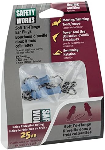 Safety Works SWX00231 Tri-Flange Ear Plugs with Case, Corded Reusable, NRR 25 DB