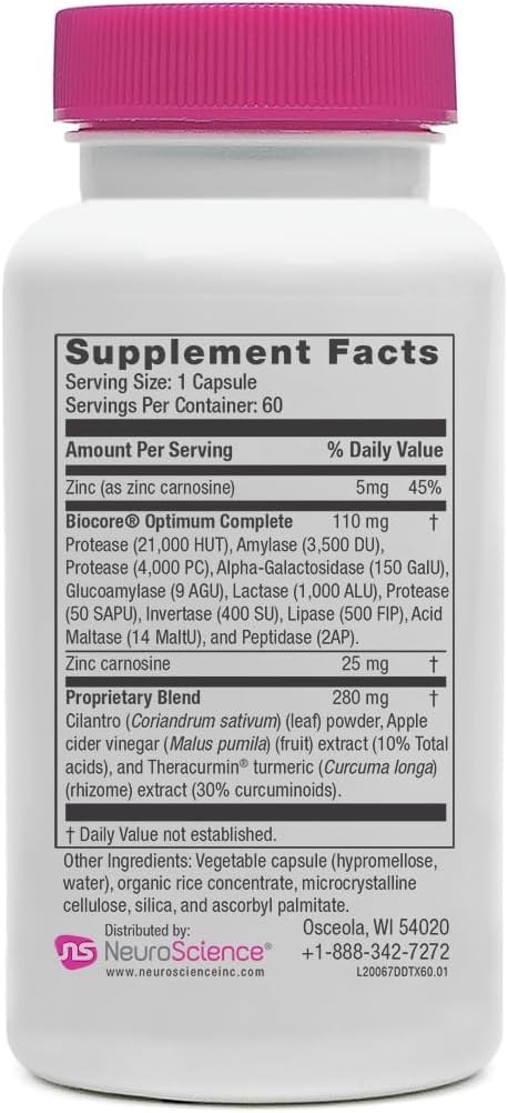 NeuroScience Digest DTX - Enzymes for Digestion, Detox & Gut Support - May Help Occasional Bloating & Gas - Protease, Zinc Carnosine, Apple Cider Vinegar, Turmeric & Cilantro Supplement (90 Capsules)