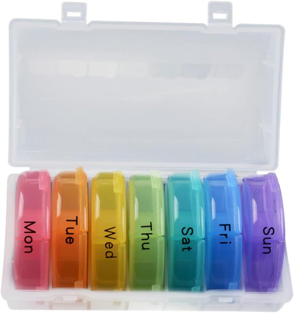SHOWERORO Compartment Rainbow Color Weekly Pill Box Organizer Portable Round Medicine Dispenser