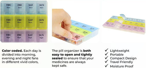 Inspiration Industry |7-Day Weekly Pill Organizer with Snap Lids Morn/NOON/Night |for Pills, Vitamin.