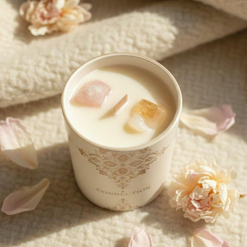 Healing Crystal Candle Gift for Women - Vanilla Cashmere Luxury Soy Candle with Crystals - Rose Quartz & Citrine