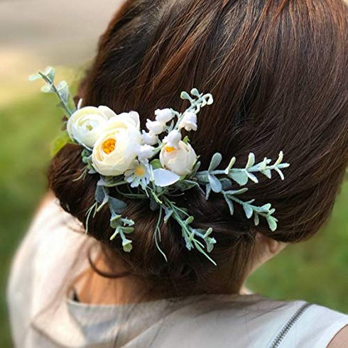 Wedding Bridal Comb Camellia Hair Comb with Ranunculus Green Leaf Floral Clip Headpiece 2002