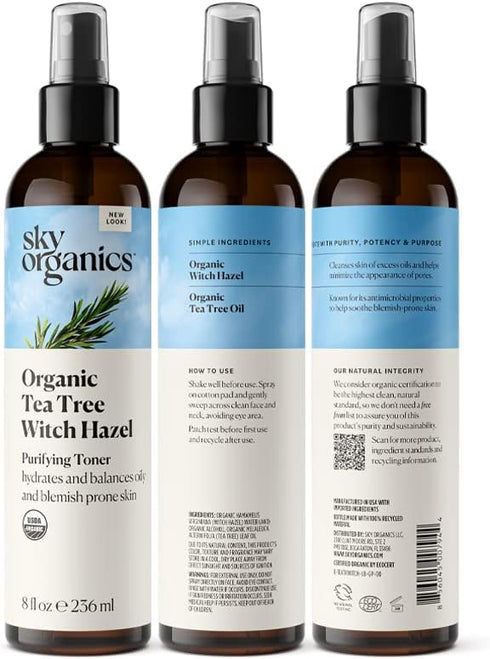 Sky Organics Organic Tea Tree & Witch Hazel for Face - Purifying Facial Toner to Hydrate, Soothe, Cleanse and Balance