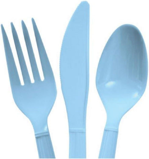 Baby Blue & Light Pink Heavy Duty Plastic Cutlery Sets - 16 Spoons, 16 Forks, 16 Knives - 2 Packs of 48 Total