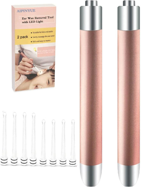 Ear Wax Removal Tool, LED Lights Ear Cleaning Kit, Updated Version, Non-Slip, BPA Free (Two Golden)