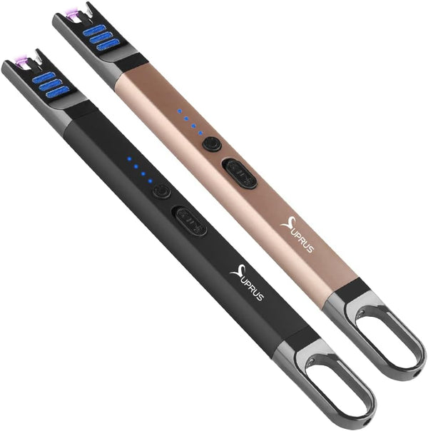 SUPRUS Electric Arc Lighter, Windproof Flameless USB Rechargeable Candle Lighter with LED Light (Black+Champagne Gold)