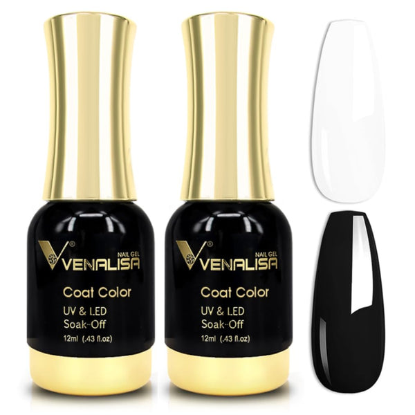 VENALISA 2Pcs Black White Gel Nail Polish Kit, Soak Off UV LED Nail Art Starter Manicure Salon DIY at Home