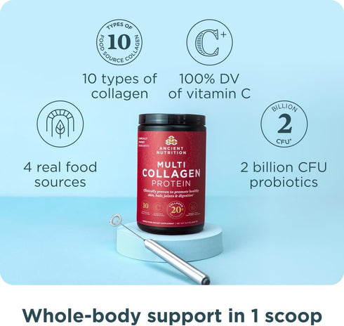Ancient Nutrition Collagen Powder Protein with Probiotics, Multi Collagen Protein with Vitamin C, 40 Servings,