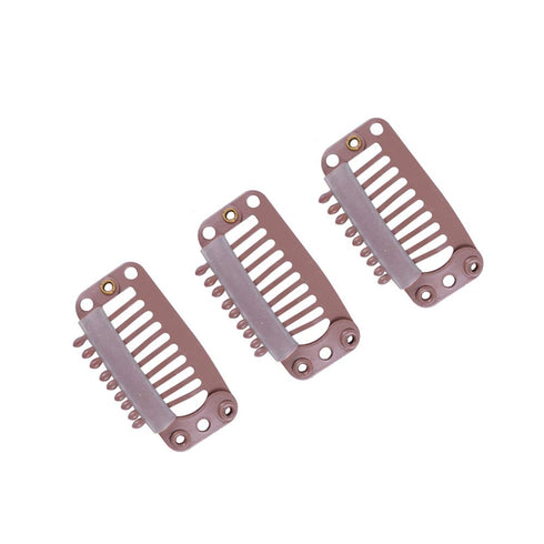 YANTAISIYU 24 pcs/lot 32mm 9-teeth Metal Hair Clip with Rubber Snap Clips for Hairpiece Wig Accessories (Light Brown)