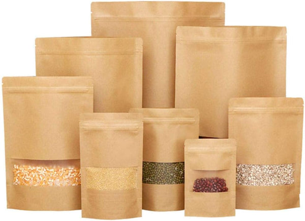 50 pcs Kraft Bags with Window Stand Up Ziplock Seal Paper Bag, Resealable Large Food Storage Pouch 1oz 3.5×5.5in