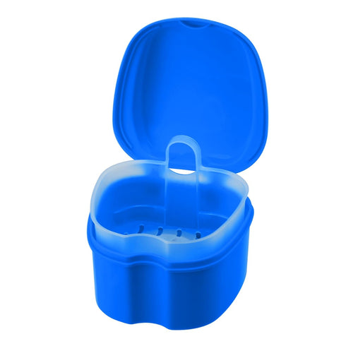 Denture Cup Dental Retainer Case - Dark Blue Cleaning Holder with Strainer Basket for Mouthguard Storage