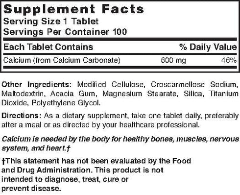 Nature's Blend Pure Calcium Carbonate 600 mg 100 Tabs (1684)