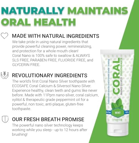 Coral White Nano Silver Mint Toothpaste (2 Pack) - Natural Fluoride Free Teeth Whitening, Coral Calcium Nano Silver