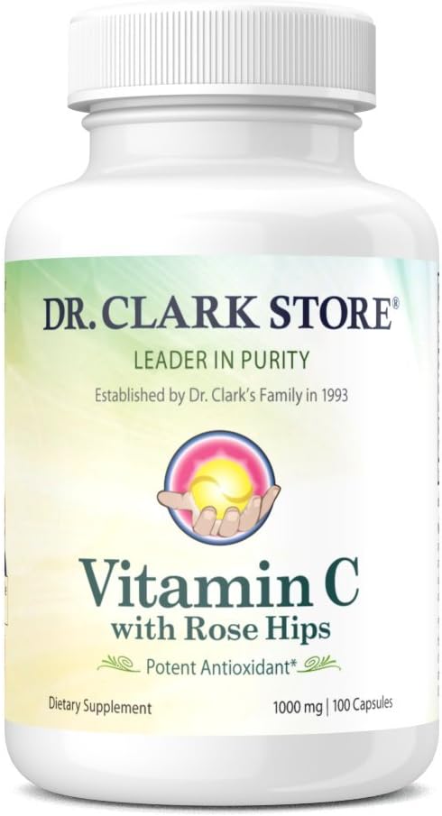 Dr. Clark Vitamin C with Rose HIPS Supplement – 1000mg, 100 Gelatin Capsules for Immune Support