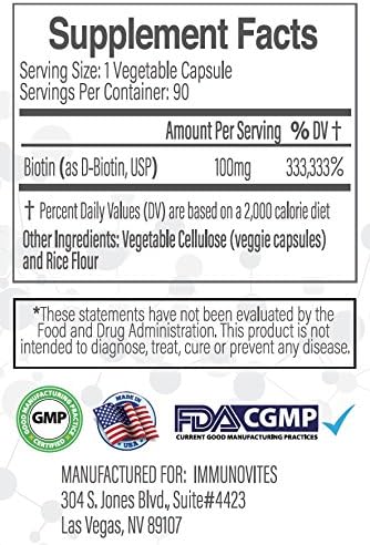 High Dose Biotin (as d-Biotin, USP) 100mg, 90 Capsules, High Potency