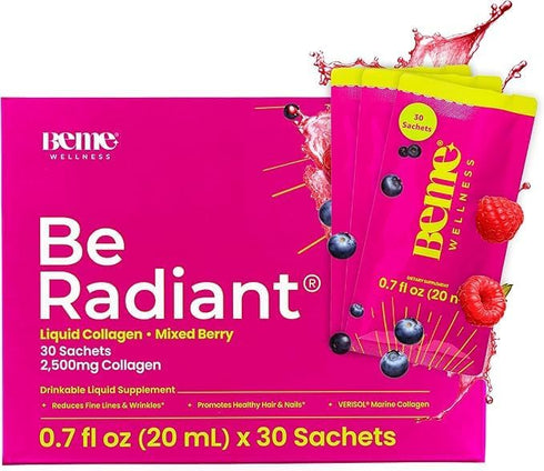 BeMe Liquid Collagen Drink, Be Radiant (Berry) - Drinkable Supplement with Collagen Peptides, Biotin, Vitamin C