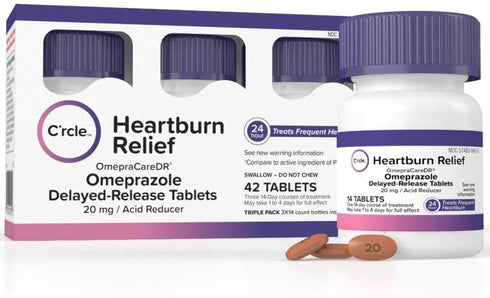 C'rcle Omeprazole 20mg Tablets 42 Ct - Heartburn Medicine, Acid Reducer for Frequent Relief, Delayed Release for Daily