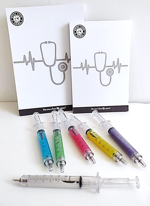 Real Life Hero Notepads Gift Set with Matching 1.5" Button and 6-Pk Syringe Pens