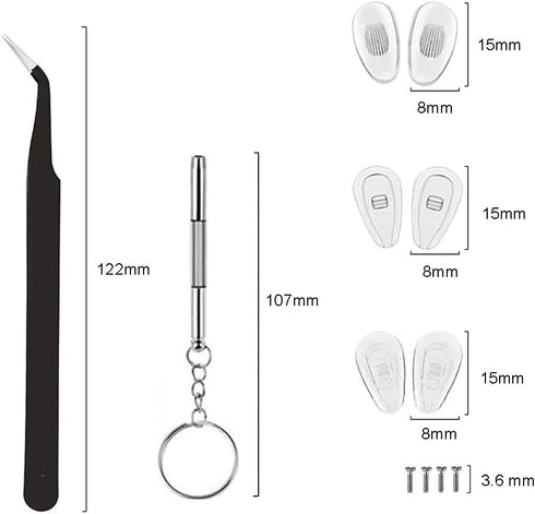 18 Pairs Eyeglass Nose Pads - Eyeglasses Repair Kit with Screwdrivers, Tweezers, Cleaning Cloth for Glasses Replacement