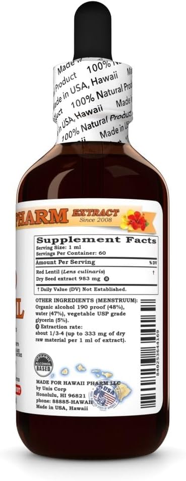 Hawaii Pharm 2 fl.oz Red Lentil (Lens Culinaris) Dry Seed Tincture, All Natural, Vegan, Pure Liquid Extract