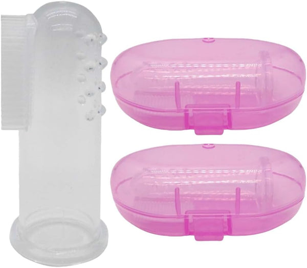Baby Finger Toothbrush Set of 2, Silicone with 2 Cases in Pink, Toddler Training, Newborn Oral Massager