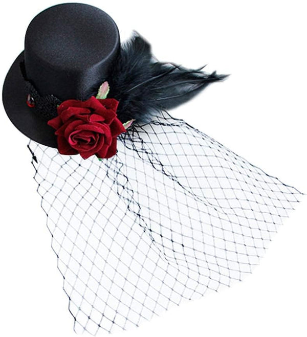 Small Top Hat Hair Clip, Black Veil Flower Decor for Masquerade and Halloween