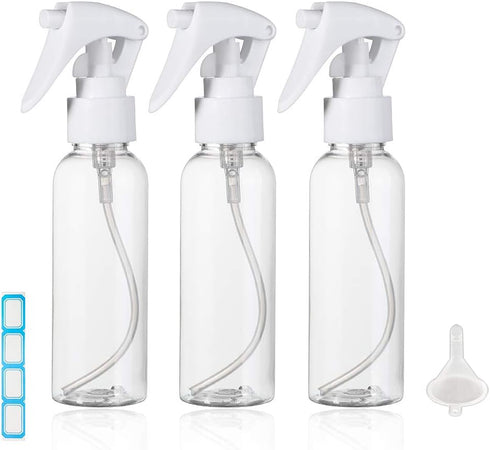 Travel Size Spray Bottle Set, 3.4oz/100ml Plastic Fine Mist Spray Bottles, 3pcs Clear Trigger Sprayer with Funnel