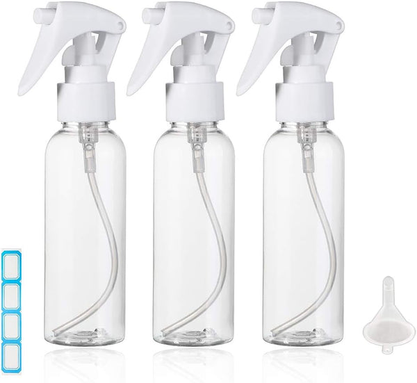 Travel Size Spray Bottle Set, 3.4oz/100ml Plastic Fine Mist Spray Bottles, 3pcs Clear Trigger Sprayer with Funnel