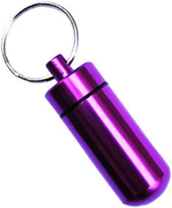 Purple Mini Pill Organizer, Metal Pill Box with Keychain Case, Waterproof for Outdoor Travel, Camping, Hiking